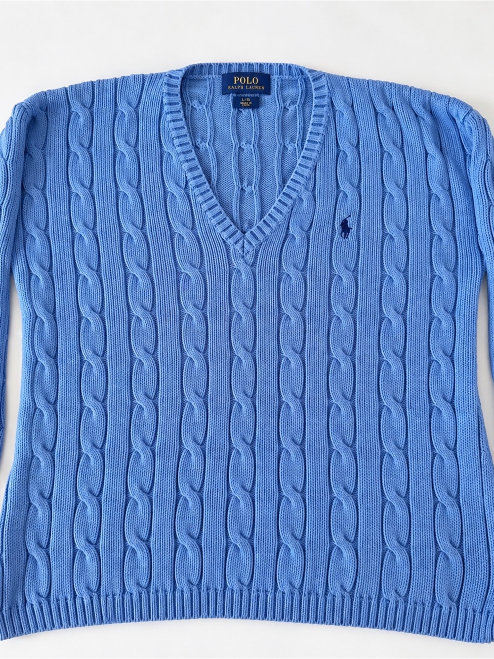 Polo Ralph Lauren Women’s Blue Cable Knit V Neck Sweater Large 100% Cotton